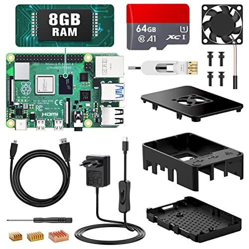 Beumons Raspberry Pi 4 Model B Kit de Inicio Completo【8GB RAM+64GB SD Card】con HDMI, Fuente de Alimentación, Carcasa Negra, Disipador Calor, Ventilador