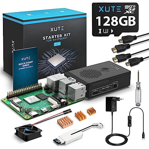 Xute Raspberry Pi 4 Type B 8GB RAM Kit, 128GB MicroSD Card, 5.0V 3A USB-C Power con Interruptor de Encendido/Apagado, Estuche, 2 Cables de Micro HDMI, Ventilador de Rrefrigeración