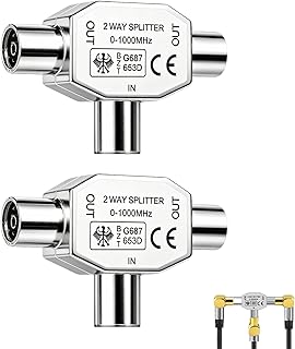 2 Piezas Distribuidor Antena TV 2 Vías, Divisor Coaxial en T, Adaptador Coaxial en 2 IEC Hembra y 1 Entrada macho, Duplicador Antena, Conector Metálico 0-1000MHz para Televisión Digital DVB-T Cable TV
