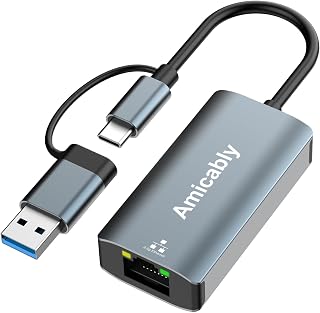 Adaptador USB C Ethernet, 2 en 1 USB a RJ45 Gigabit LAN, 2500 Mbps USB LAN Adaptador de Aluminum Compatible con MacBook/Pro/Air, Surface Pro,iPhone 17 Pro MAX Series Windows 11/10/8/7, Linux, Mac OS
