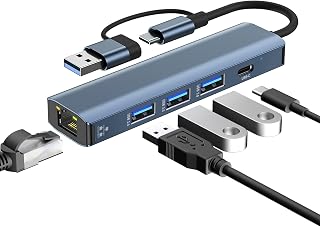 Loydia 5 en 1 USBC Hub Ethernet, Adaptador de Red Tipo C a Gigabit LAN 3 USB 3.0, Compatible con Mac/Linux/Win 11/10/8