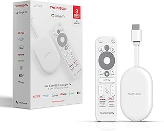 Thomson Go Cast 152 Dongle de Streaming, 4K UHD Google TV, Control por Voz, Google Cast, Dolby Atmos, Dolby Digital+, HDR10, Portátil, 2 GB RAM, 32 GB Memoria – Blanco