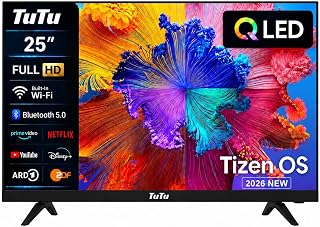 TuTu TU25Q1FQ-T8 Smart TV 25 Pulgadas (64 cm), QLED Full HD Televisor | Powered by Tizen, WiFi, Bluetooth, App Store, AirPlay, Triple Tuner (DVB-T/T2, DVB-C, DVB-S/S2), HDMI, USB, H.264, H.265
