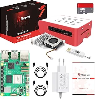 iRasptek Starter Kit For Raspberry Pi 5 4GB-Edición OS-Bookworm de 64GB preinstalada (Caja Rojo y Blanco)